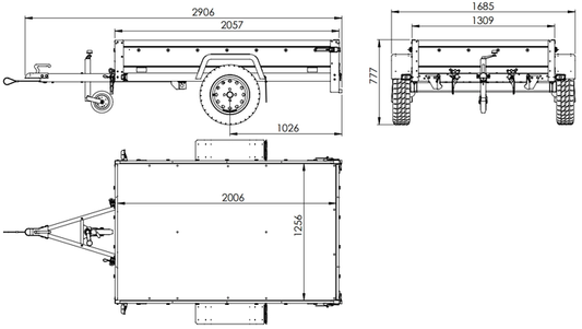 UNITRAILER GARDEN 201/R KIPP 200x125 Einachs-Federungsanhänger mit Seitenwänden, Gitterseitenwänden, H-800 Fahrgestell und grauer Plane