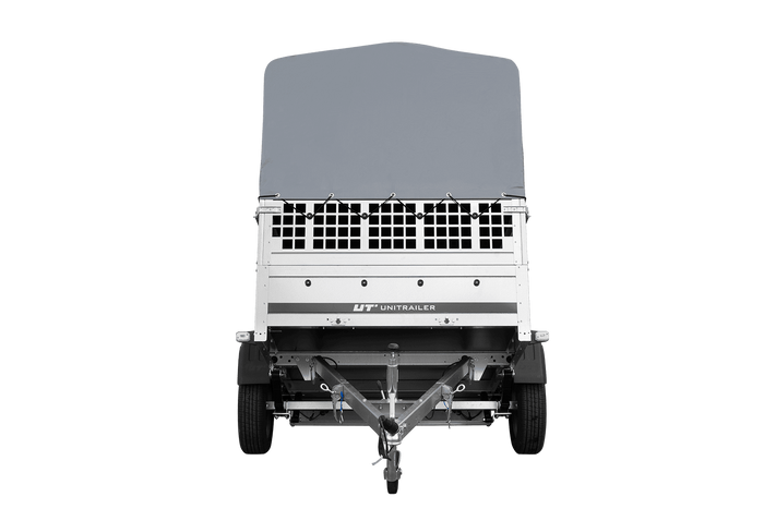 UNITRAILER GARDEN 201/R KIPP 200x125 Einachs-Federungsanhänger mit Seitenwänden, Gitterseitenwänden, H-800 Fahrgestell und grauer Plane