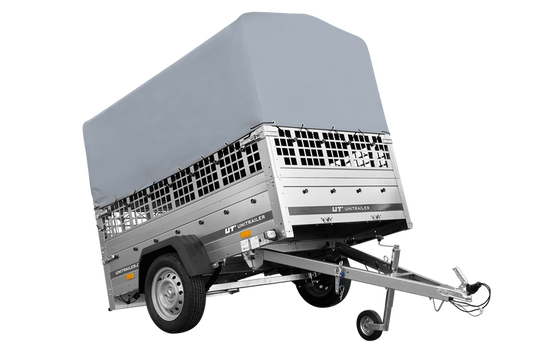 UNITRAILER GARDEN 201/R KIPP 200x125 Einachs-Federungsanhänger mit Seitenwänden, Gitterseitenwänden, H-800 Fahrgestell und grauer Plane