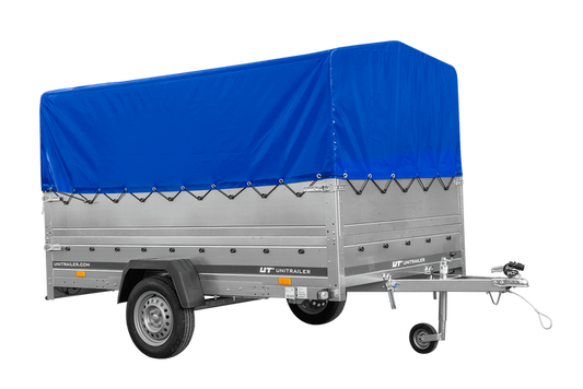 UNITRAILER GARDEN 265/R KIPP 264x150 Einachs-Federungsanhänger mit BIS-Seitenwänden, H-800-Fahrgestell und blauer Plane