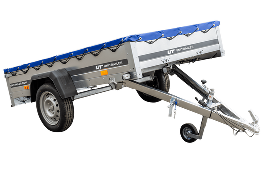 Verzinkter Anhänger 230 x 125 cm Gartenanhänger 230 KIPP [mit Stützrad und blauer Flachplane]